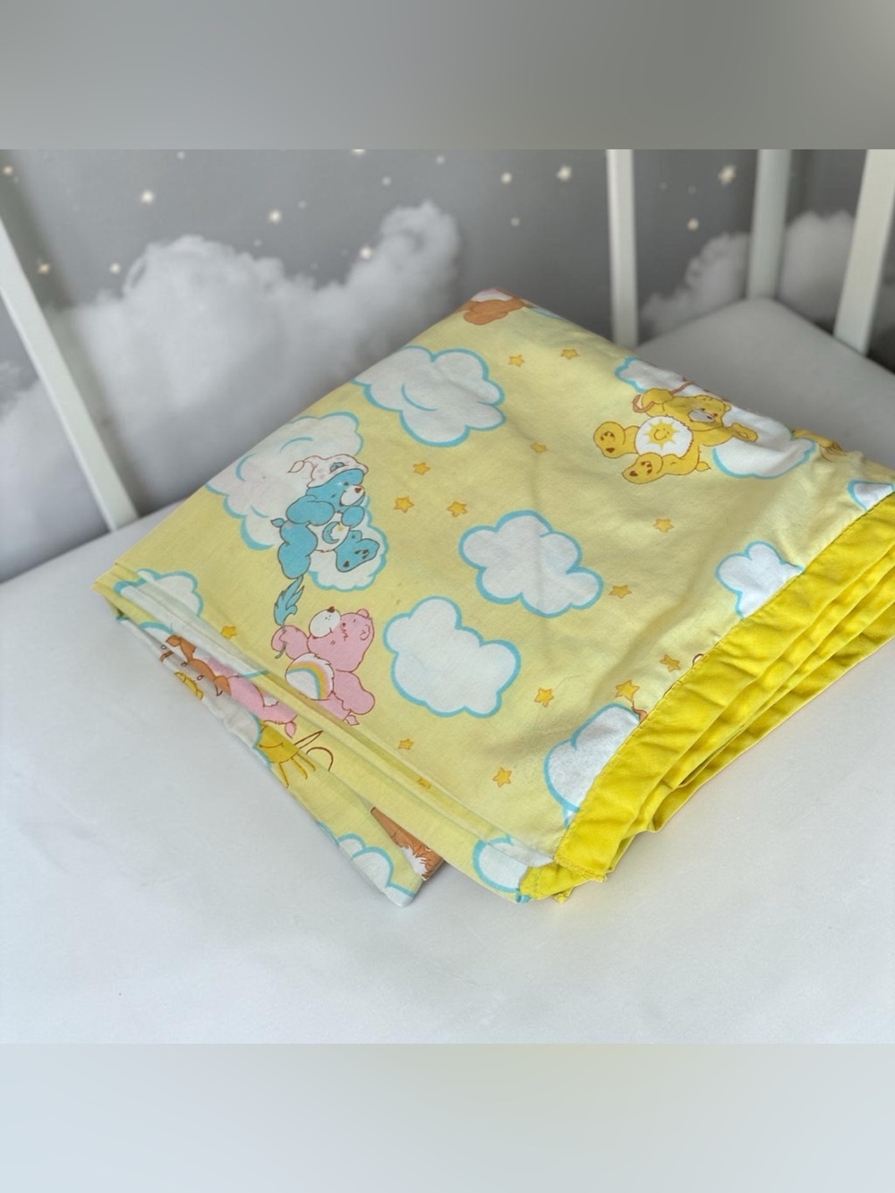 1980 Handmade Care Bears Crib Blanket Yellow Cloud Rainbow Balloon Umbrella